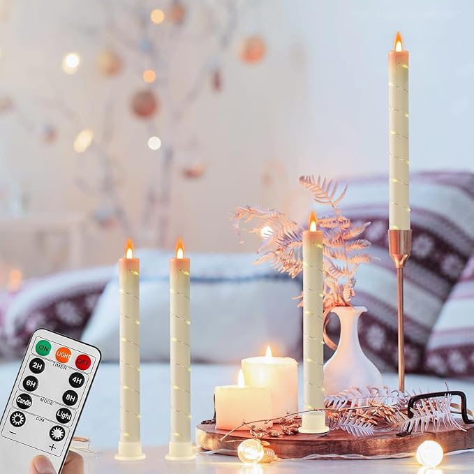 3 Pcs Flameless Taper Candles, Battery Taper Candles Flickering Flame with Embedded Star String, Candle Sticks Battery Powered with Remote Control, Timer Function Ideal for Easter (Ivory)