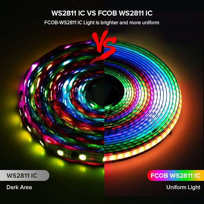 BTF-LIGHTING FCOB WS2811 IC RGB COB LED Strip 16.4FT DC24V 630LED/m Flexible High Density Uniform Chasing Color Light 14IC/m 10mm Width Black PCB for Home Indoor Decor(No Adapter or Controller)