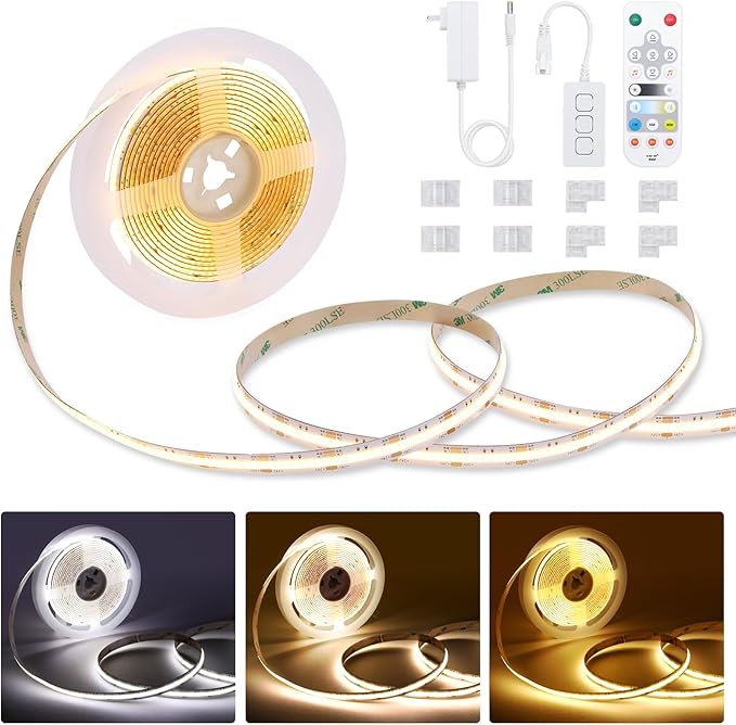 CCT COB Smart LED Strip - 32.8ft/10m Tunable White 2700K-6500K 24V Dimmable Strip Light with Remote 6400LEDs CRI90+ Compatible with Alexa/Google Assistant Cuttable Tape Light for DIY Indoor Lighting