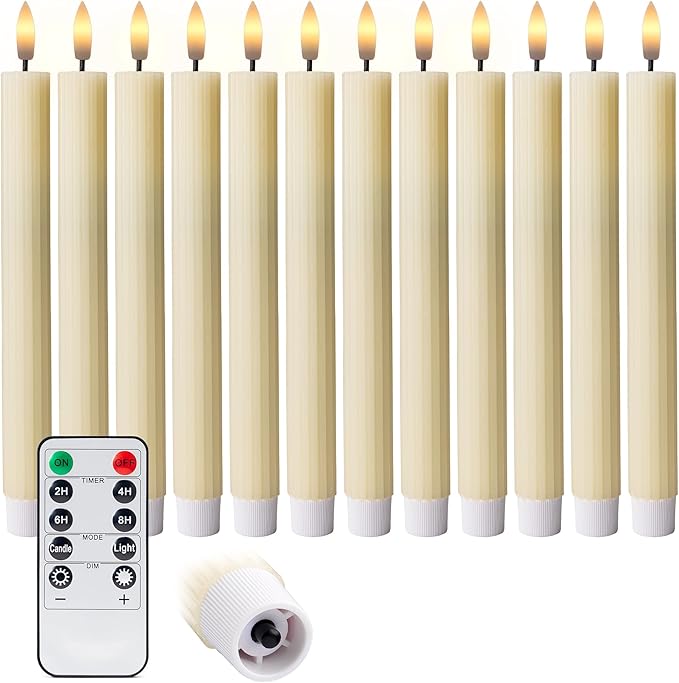 12 Pack, 10" LED Flameless Ivory Fluted Ribbed Grooved Taper Candles with 2 Remotes & 24h Timer Memory, On/Off Button, Dimmable, Flicker Mode, Battery Operated, Christmas Menorah Wedding