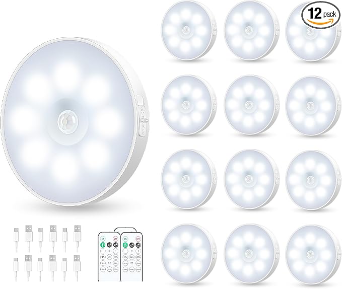 Motion Sensor Puck Light with Remote, Wireless Dimmable Under Cabinet Lighting, Rechargeable Magnetic Closet Night Light, 12-Pack, Cool White