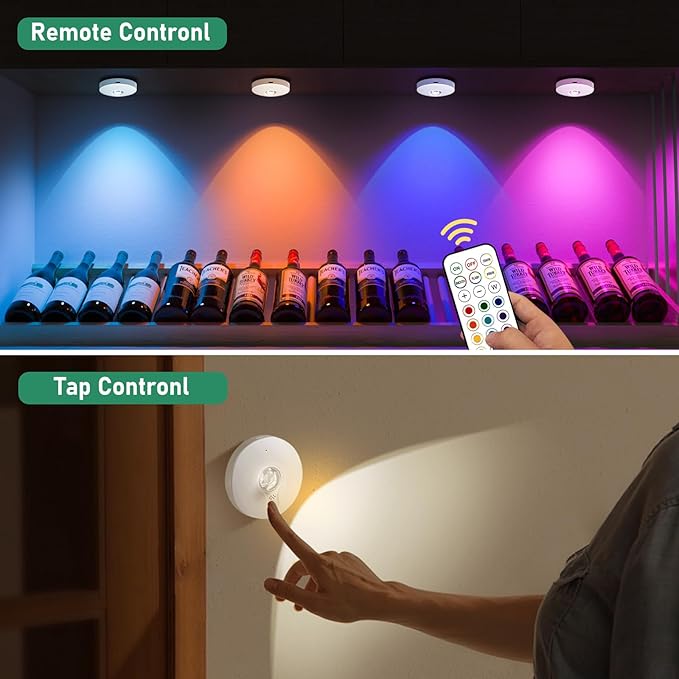 Rechargeable RGB Puck Lights,13 Colors Changeable LED Puck Lightings Remote Controls,6Pack LED Under Cabinet Counter Lighting,Battery Operated Tap Lights,Dimmable Wireless Closet lights for Kitchen