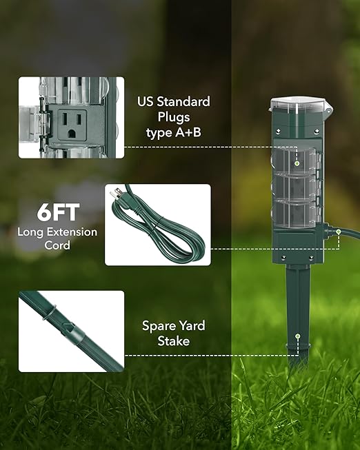HBN Outdoor Power Strip Timer with Photocell, Countdown Yard Stake(2, 4, 6, 8 Hour),Outside Lights Timer Dusk to Dawn,Weatherproof Extension Cord for Halloween/Christmas Decoration Lights, 6 Outlets