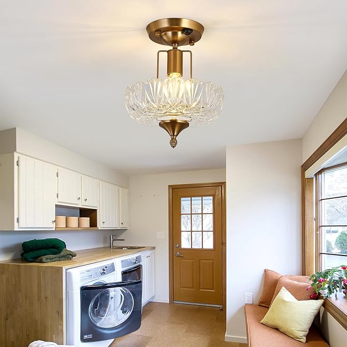 UOFUS Motion Sensor Semi Flush Mount Ceiling Light Gold Hallway Light Fixture with Clear Glass Indoor Small Chandelier for Hallway Entryway Porch Foyer Corridor
