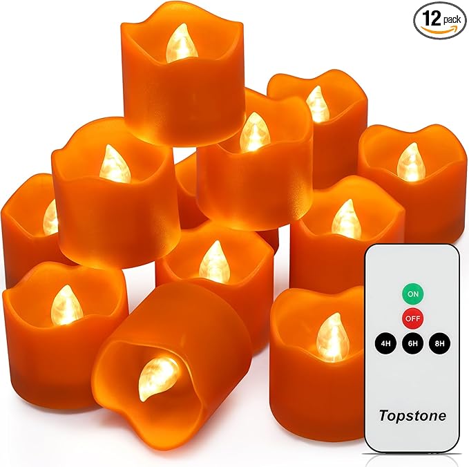 Topstone Halloween Orange Led Tealight with 4/6/8 H Timer,Remote Control Flameless Candle,Battery Powered Fake Candles,Electric Votive Candle,Pack of 12