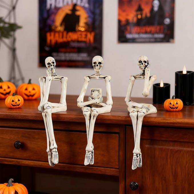 XINXUAN Halloween Decorations Skull Statue Home Decor - Modern Bookshelf & Desk Decor - 3 Piece Set (Retro - White)