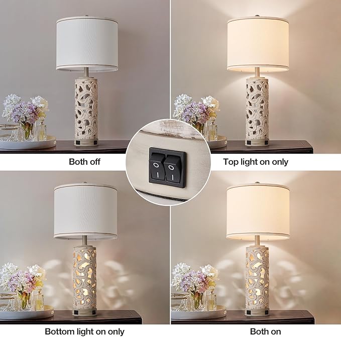 AIDENOEY Set of 2 Farmhouse Table Lamps with 2 USB Charging Ports, Vintage Carved Bedside Lamps with Smart Dimmable Bulbs, Rustic Nightstand Lamps for Bedroom Living Room Home Decor
