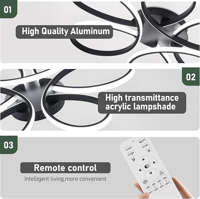26inch Modern LED Ceiling Light, 6 Rings Flower Flush Mount Light Fixture with Remote Control Black Dimmable Ceiling Lamp for Living Room, Bedroom, Dining Room, Hallway, Kitchen