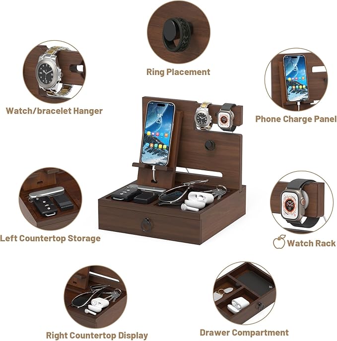 Wood Phone Docking Station, Nightstand Organizer with Drawer, Bedside Table Organizer for Watch & Accessories, Christmas Anniversary Birthday Gifts for Men,Dad,Husband