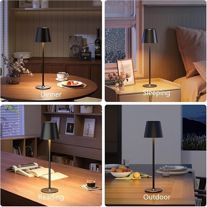 Cordless LED Table Lamp, Touch Dimmable Bedside Night Light, Rechargeable USB, Full Metal Body, Dual Battery, IP54 Waterproof – Black