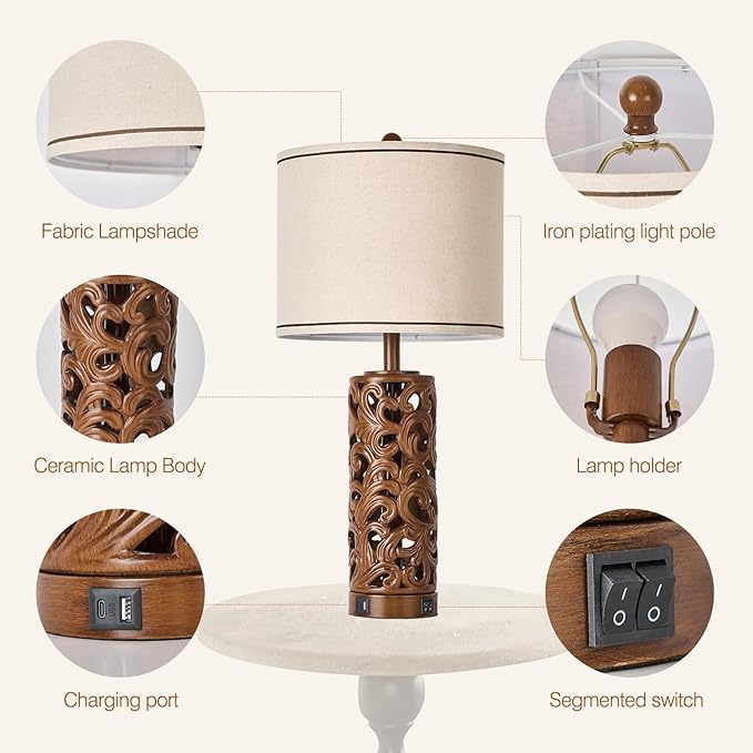 AIDENOEY Set of 2 Farmhouse Table Lamps with 2 USB Charging Ports, Vintage Carved Bedside Lamps with Smart Dimmable Bulbs, Rustic Nightstand Lamps for Bedroom Living Room Home Decor