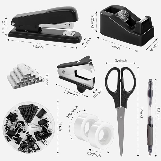 SKYDUE Black Office Supplies Set, Black Desk Accessories, Stapler, Tape Dispenser, Scissors, Binder/Paper Clips and 1000pcs Staples, Desk Supplies Set