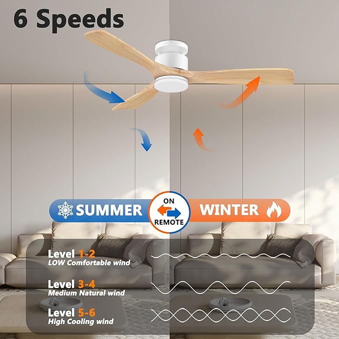 52 Inch Smart Flush Mount Ceiling Fans with Lights Remote,Wood Outdoor Indoor Ceiling Fan,WIFI Alexa App Control,Quiet DC Motor,Modern Low Profile Fan LED Lighting for Bedroom Patio,White & Light Wood