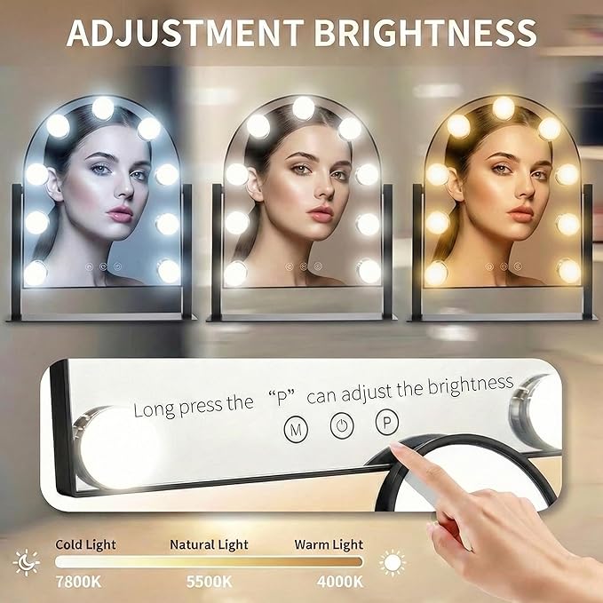 Arched Makeup Vanity Mirror with Lights 14.17"x 11.81" LED Makeup Mirror Detachable 10X Magnification, Hollywood Make Up Mirror with Lighting, Smart Touch, Rechargeable,360° Rotation,(Black)