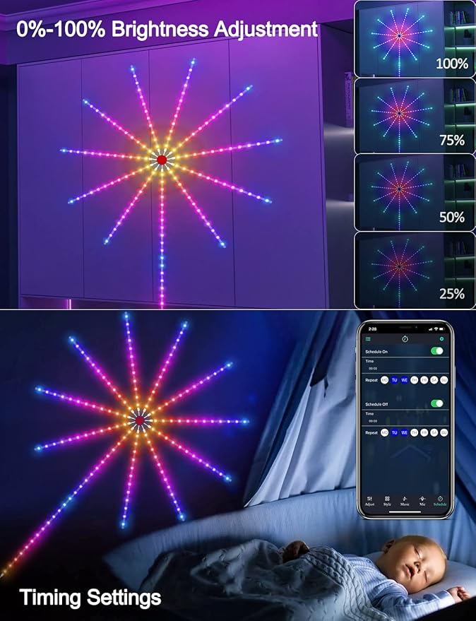 Daymeet Smart Firework LED Lights, ICRGB Dream Color LED Lights for Bedroom, LED Strip Lights with Remote App Control, Color Changing Music Sound Sync Light for Bedroom, Christmas Decorations