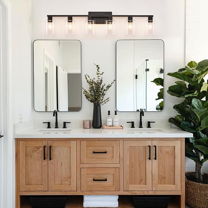6-Light Bathroom Vanity Light Black Vanity Lights for Bathroom Light Fixtures Matte Black 6 Light Fixtures with Clear Glass Shades for Bath Over Mirror