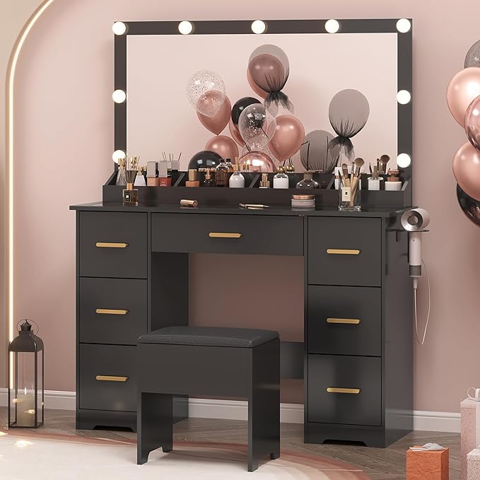 44" Vanity Desk with 38" Large Mirror and 9 LED Lights & Glass Top and Power Outlet, Makeup Vanity Set with Drawers & Chair and RGB Ambient Light, Desk Table for Girls, Modern Black