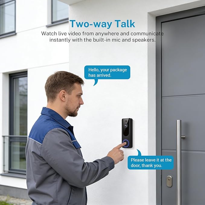 1080P Wireless Video Doorbell Camera, Battery Powered Door Chime, Night Vision, 2-Way Audio, Smart AI Human Detection, Cloud Storage, Home Security Door Bell