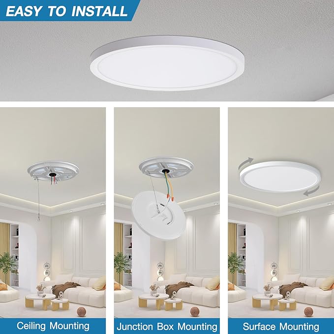 LED Flush Mount Ceiling Light Fixture 4 Pack, 24W 2400LM, 12-Inch Dimmable Low Profile Round Ceiling Light with 3 CCT (3000K/4000K/5000K), 5%-100% Dimming for Bedroom, Living Room & Hallway, White