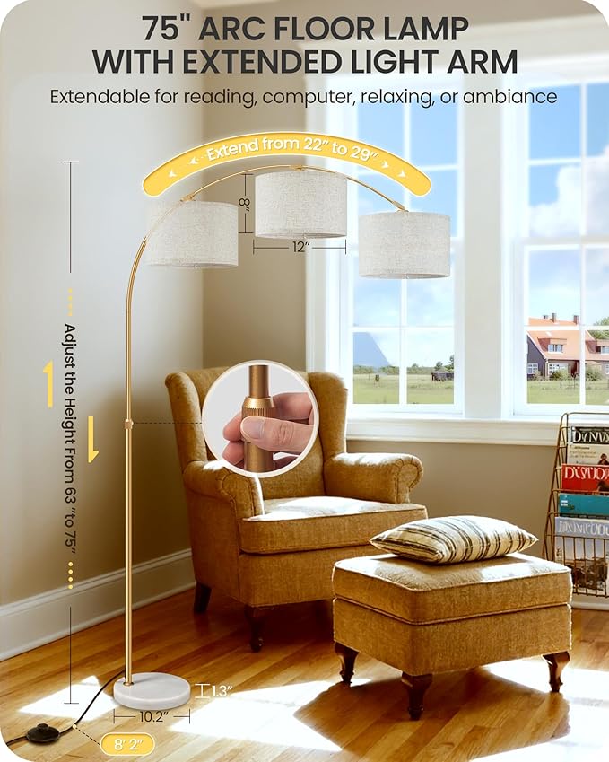 75" Arc Floor Lamp with Marble Base and Adjustable Height, Rotating Hanging Shade, Dimmable Gold Floor Lamp for Living Room with Remote and Foot Switch, 3 Color Temperatures, Timer, DE15LD05