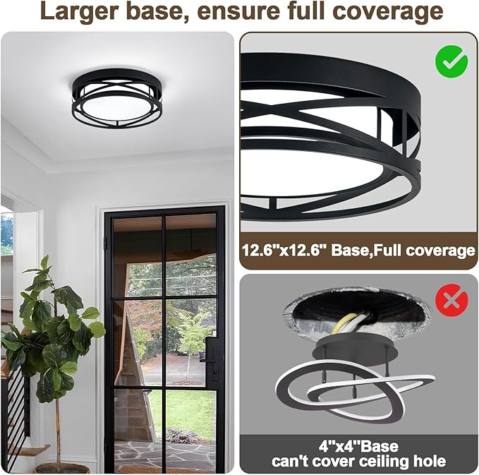 Modern LED Ceiling Light Fixture, 6000K Round LED Flush Mount Hallway Light Fixtures, Farmhouse Black Close to Ceiling Light for Hallway Bedroom Balcony Porch Stairway(Round, 12.6INCH)