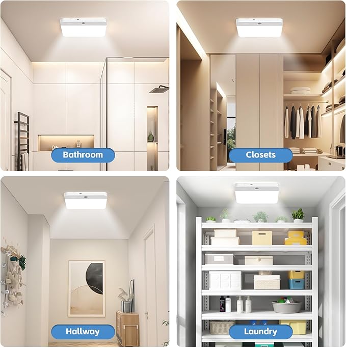 2 Pack Rechargeable Motion Sensor LED Ceiling Light with Remote, Wireless Battery Operated Closet Light, 400LM Dimmable 3 Color Temperatures, Ideal for Stair Hallway Garage Pantry