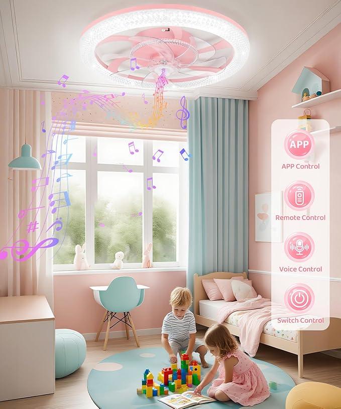 2 in 1 Wifi RGB-LED 20” Ceiling Fans with Lights and Remote, 3000-6500K Dimmable Flush Mount Smart Low Profile Ceiling Fan with Lights, Bluetooth Bladeless Fans with APP, for Bedroom, Pink