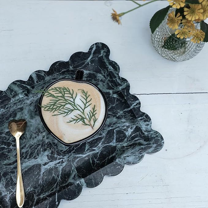 Real Luxurious Natural Scalloped Marble Tray - 10.8"x8" Verde Green Marble Vanity Tray for Bathroom Kitchen Counter - Catch All Tray for Nightstand and Home Décor