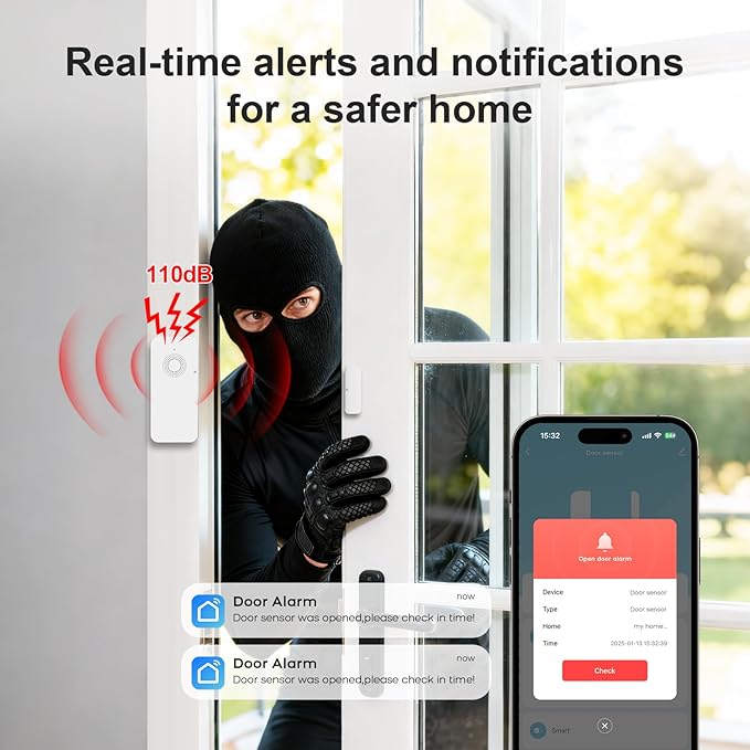 Zigbee Wireless Door and Window Alarm Sensor,120dB Requires PGST Hub (not 3rd-Party),Smart Life or Tuya APP Control,3 Years Battery Life,Easy to Install,for Basement,Garage,Warehouse