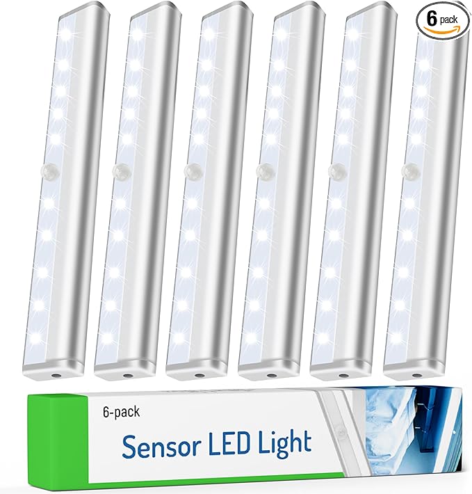 Motion Sensor LED Lights, 6 Pack Battery Operated 10 LED Motion Closet Light, Stick-On Anywhere Magnetic Night Light Bar for Closet Under Cabinet Kitchen Hallway Stairway Vanity Wardrobe