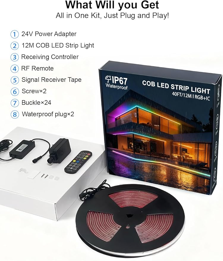 40ft/12m COB LED Strip Lights, RGB Smart IC, IP67 Waterproof, Dimmable , Color Flowing Tape Light with App Control & Music Sync, Dotless LED Light for Outdoor, Patio, christmas & Party Decorations