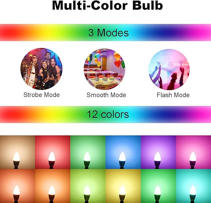 E12 LED Candelabra Light Bulbs 5W, Set of 6 Color Changing Candle Bulbs,Small Base B11 40W Incandescent Equivalent, 560 Lumen, RGB + 2700K Warm White, 12 Colors, 2 Modes, Timer, Remote Control