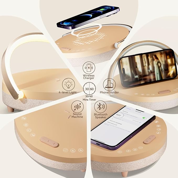 Vivilumens Birthday Gifts for Women 6 in 1 Bedside Lamps with Wireless Charger Bluetooth Speaker White Noise Machine Timer Setting Dimmable Touch Personalized Night Light with Phone Holder(Pink