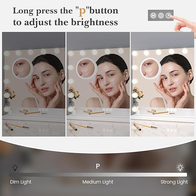 Aluminum Frame LED Makeup Mirror, 23x18 Lighted Vanity Mirror with 15 Dimmable LED Bulbs, 3 Color Modes, 3X Magnifying Mirror, Touch Dimmer, USB Type-C Port, Detachable Base, Wall Mountable
