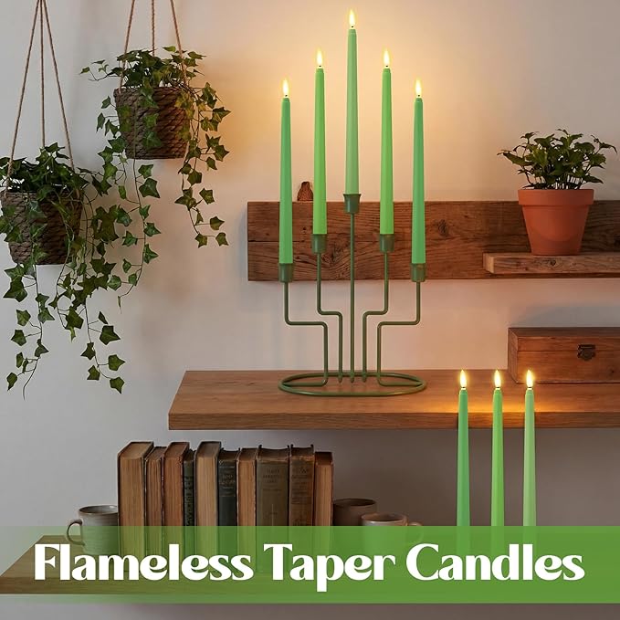 Macarrie 24 Packs Flameless Taper Candles Battery Operated Fake 11 Inch Long Candlelight LED Flameless Candlesticks Flickering Tapered for Spring Summer Wedding(Spring Green)