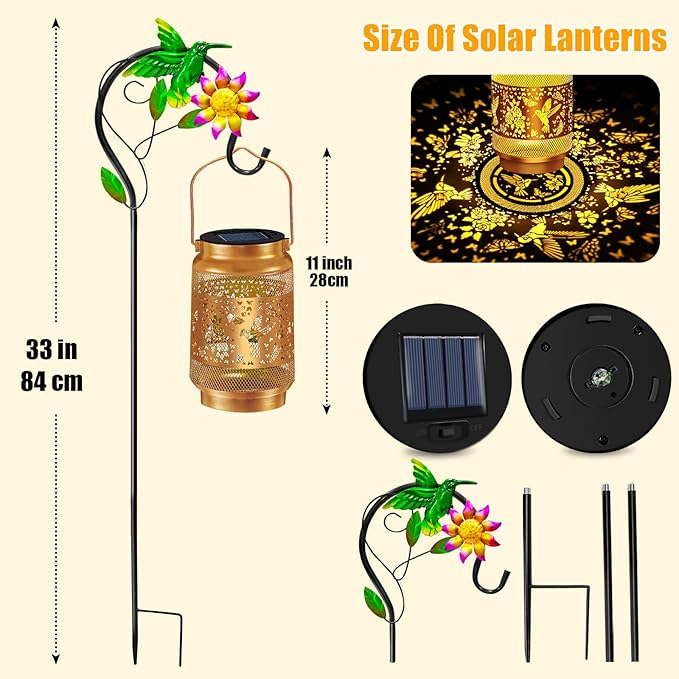 Hummingbird Solar Lanterns Outdoor Waterproof, Hanging Solar Lights Garden Lanterns with Shepherd Hook, Metal Garden Decor for Yard, Patio, Lawn, Landscape, Gifts for Women Mom Christmas