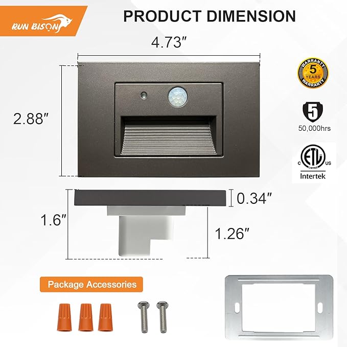 Horizontal LED Step Lights, Motion Sensor & Dusk to Dawn, IP65 Waterproof, 3000K-5000K Adjustable, 3W 120V Bronze Stair Lights Tread Lighting Indoor Outdoor, ETL Listed - 8PK