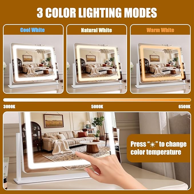 Vanity Mirror with Lights 22"×17", Large LED Makeup Mirror with Light, Smart Touch with 3-Color Lighting, Dimmable, 360° Rotation, HD Desk Mirror, Vanity Mirror Tabletop (White)