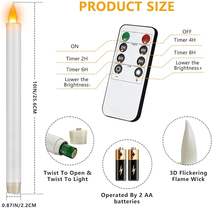 Flameless Taper Candles 10" Dripless Battery Operated Taper Candles Included Remote Timer 400+ Hours by 2AA Batteries for Halloween Christmas Wedding (White, 24 Pack)
