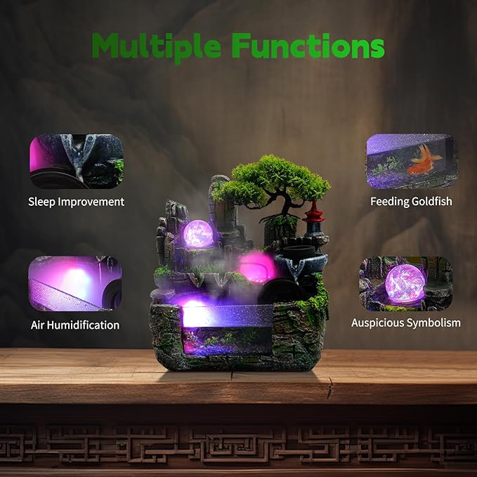 Waterfall Fountain, 11.8in Tabletop Mist Fountain with Atomizer, 110v 4-Color LED Lights, Resin & Glass Hand-Painted Landscape, Mirror Waterfall for Home Office Yoga Room