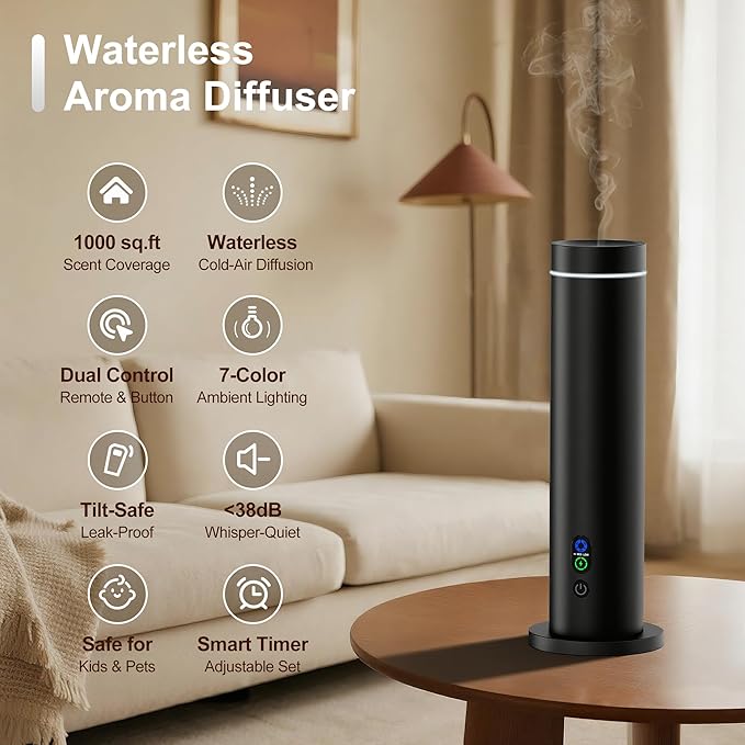 Waterless Diffuser, 1000 Sq.Ft Coverage, Essential Oil Diffuser– Plug-in Only, Remote Control, Adjustable Mist Mode, Mood Lights Aromatherapy Diffuser for Home, Large Room, Office, Hotel, Black