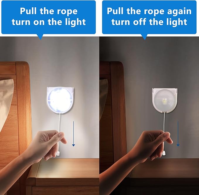 Battery Operated Light Bulb with Pull Chain, 4Pack Wireless Stick-Up LED Closet Light Bulb, Self Adhesive Wall Mounted Light Fixture for Cabinet Bedroom Living Room Kitchen, Clear Cover
