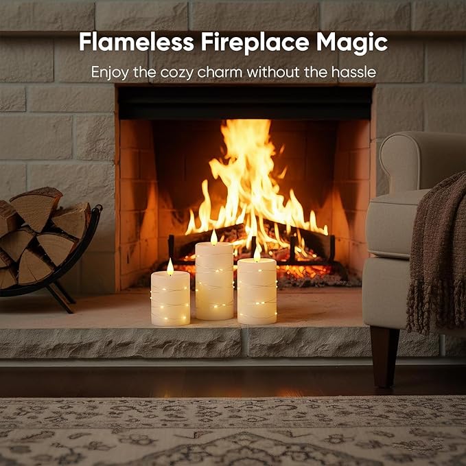 Amagic 3"×6" Flameless Candles with String Lights, White 11-Key Remote & Timer Battery Operated Flickering Led Pillar Candles Real Wax for Home, Lantern, Halloween and Christmas Decor, Set of 2