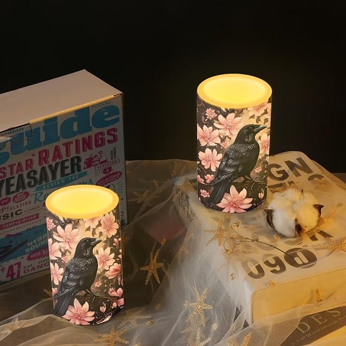 Crow Flameless Candles 2 Pack 6 x 3 inch Battery Operated Candles with Multicolor Timer Remote Control LED Fake Candles for Warm Light Dinner Table Home Decor