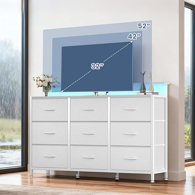 DUMOS TV Stand Dresser with 9 Fabric Drawers and Open Shelves, Entertainment Center with LED Lights, Charging Station for Bedroom, Wood Top Media Console for 45-55 inch TV Stand with Storage, White
