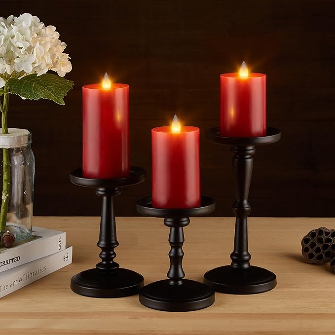 Flameless Pillar Candles Flickering with Remote Timer, Battery Operated LED Candles Up to 400 Hours, 3D Moving Flame Real Wax Candles. (Red)