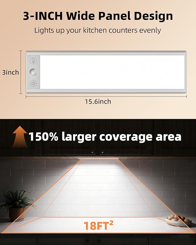 EZVALO 250LM Super Bright Under Cabinet Lighting Wireless, 8000mAh Rechargeable Battery Motion Sensor Light Indoor, Dimmable Under Counter Lights for Kitchen, 3-Inch Ultra-Wide Panel Closet Light