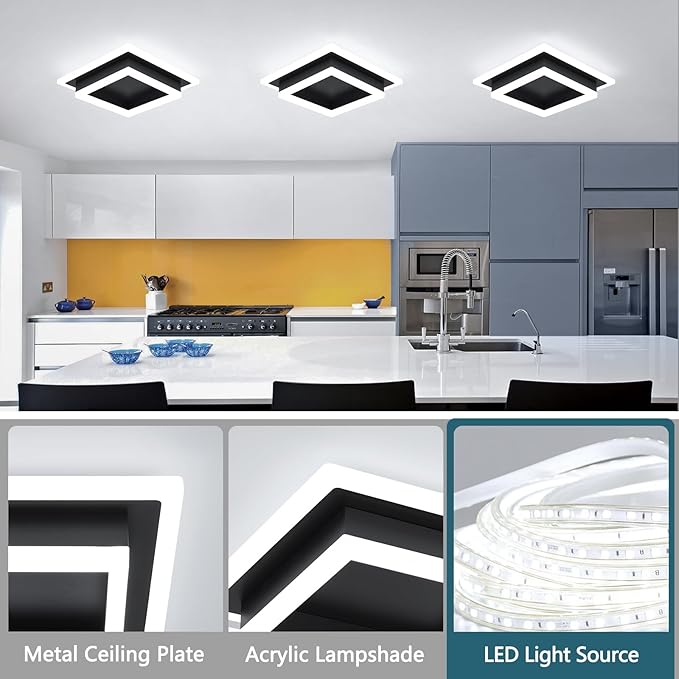 Modern LED Ceiling Light, Hallway Flush Mount Ceiling Light, 32W, 6000K, Black Square Hallway Lighting Fixtures for Living Room Kitchen Bedroom (Black)