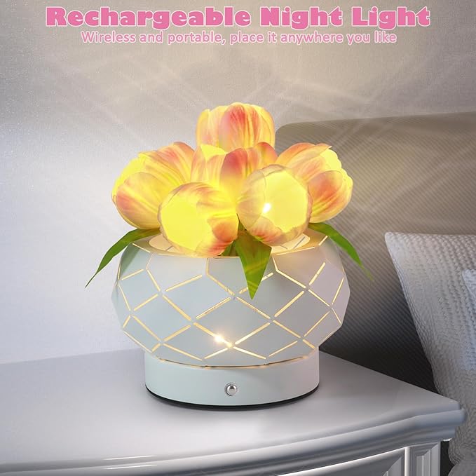 Tulip Flower Lamps, 3 Colors Dimmable Touch Lamp with Vase, USB Rechargeable LED Flower Lamp, Artificial Flower Bedside Lamp, Romantic Night Light with Tulip, Gifts for Mother Wife Girls (Pink Tulip)