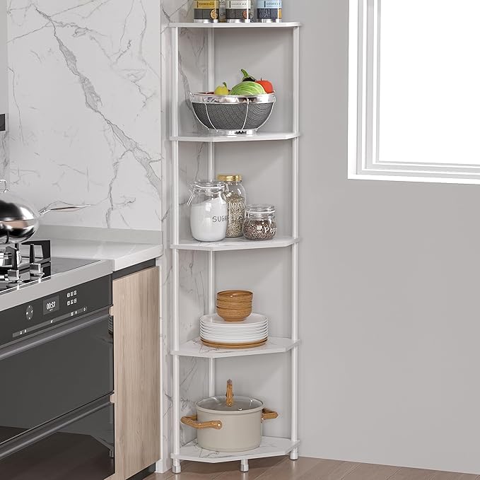 5-Tier Corner Shelf Stand Marble White 50.2" Bathroom and Kitchen Corner Shelves for Small Spaces Organization & Storage Kitchen Decor Accessories